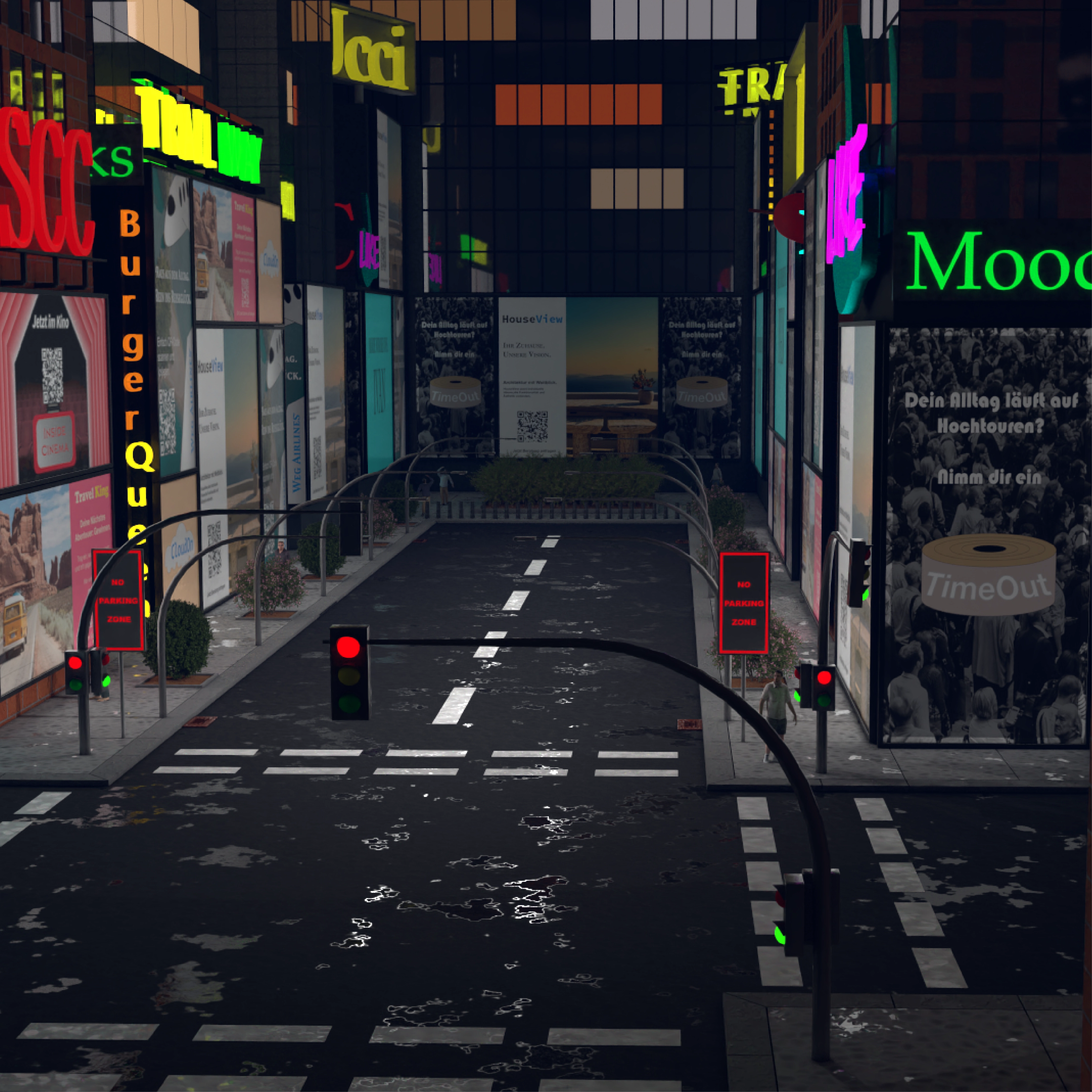 Kreuzung mit Leuchtreklamen in der 3D-Szene City Lights