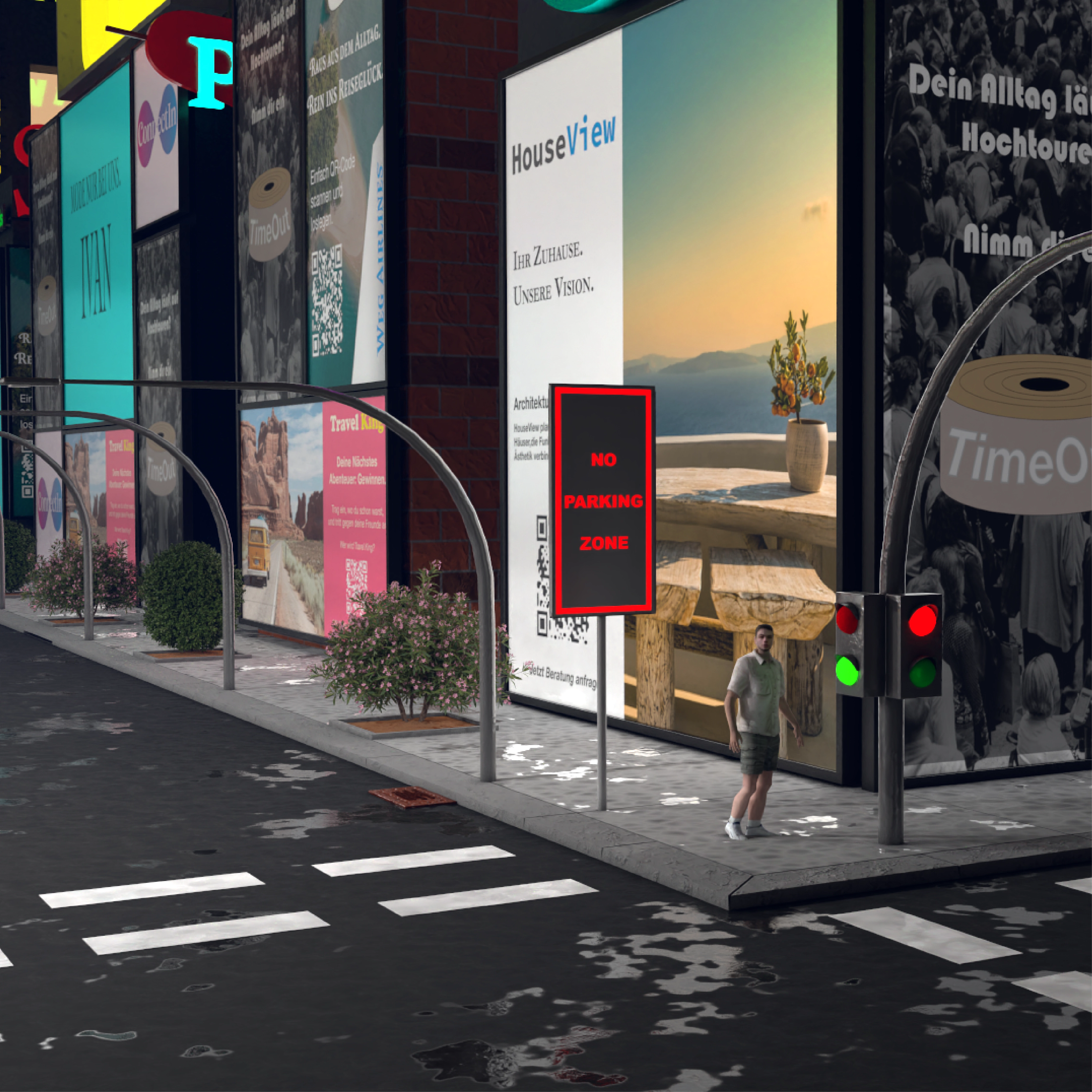 Werbetafeln am Gehweg in der 3D-Szene City Lights