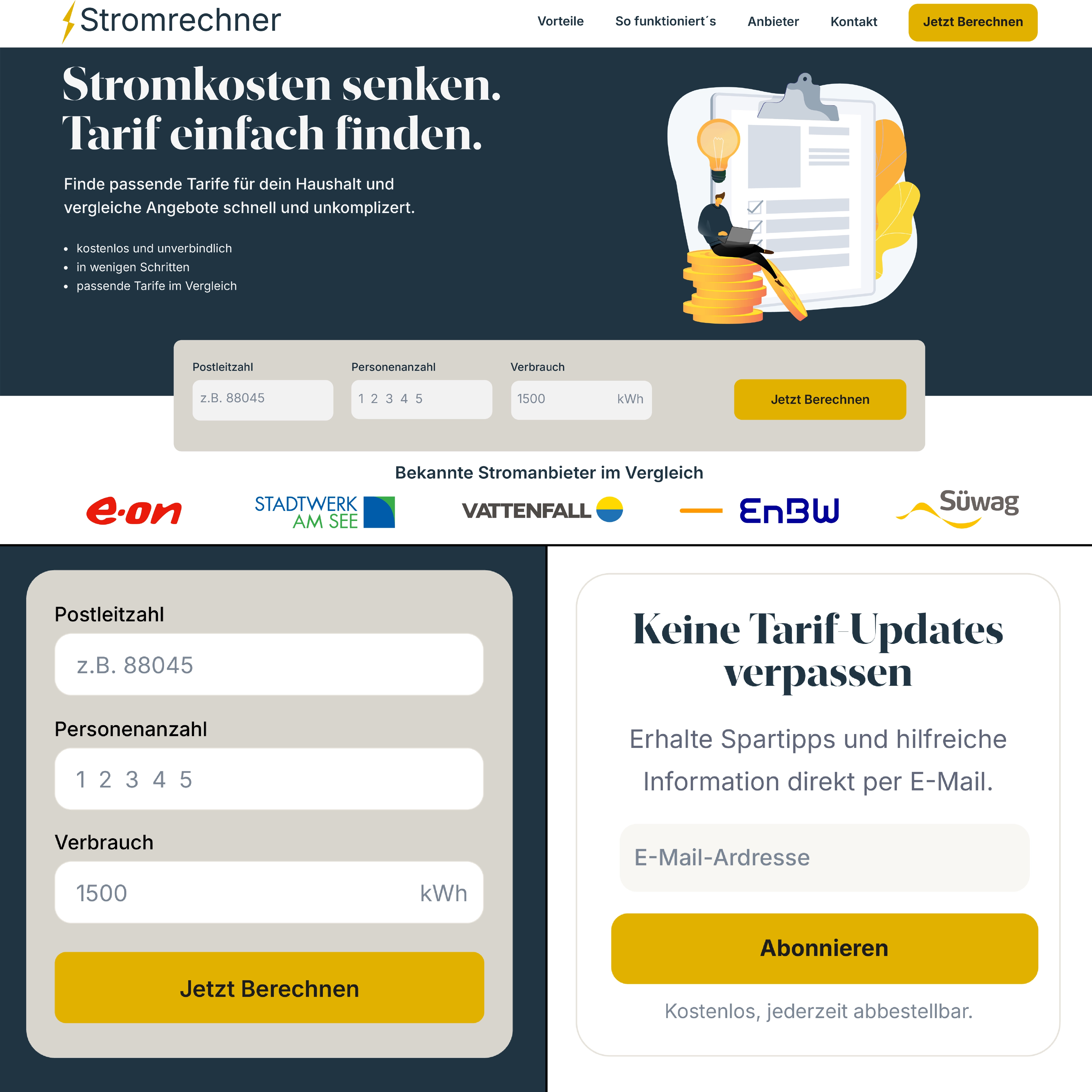 UX/UI Design der Stromrechner Landingpage mit drei Schritten zum Tarifvergleich