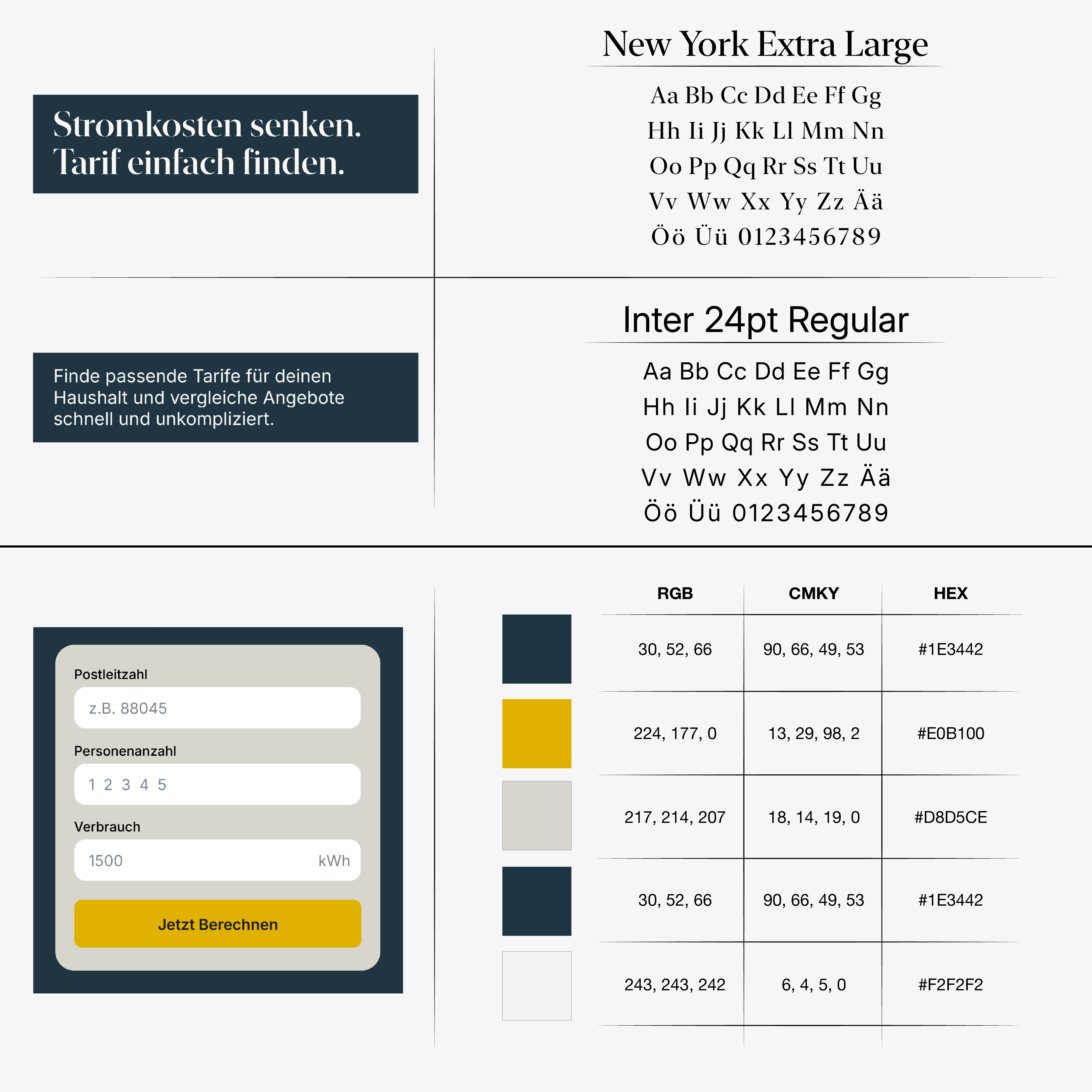 Typografie und Farbpalette des Stromrechners in Petrol und Gelb