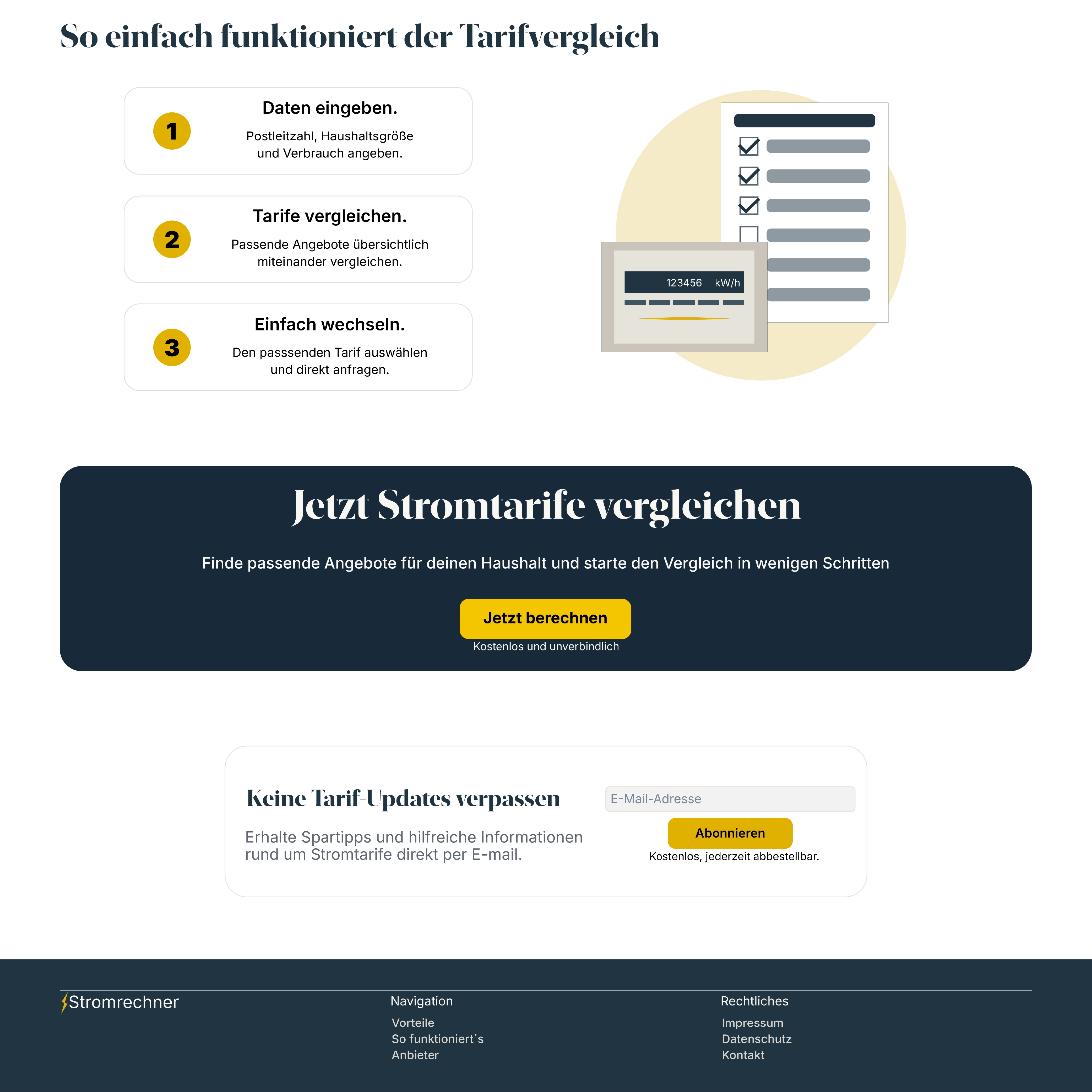 Abschlussbereich und Newsletter-Anmeldung des Stromrechners
