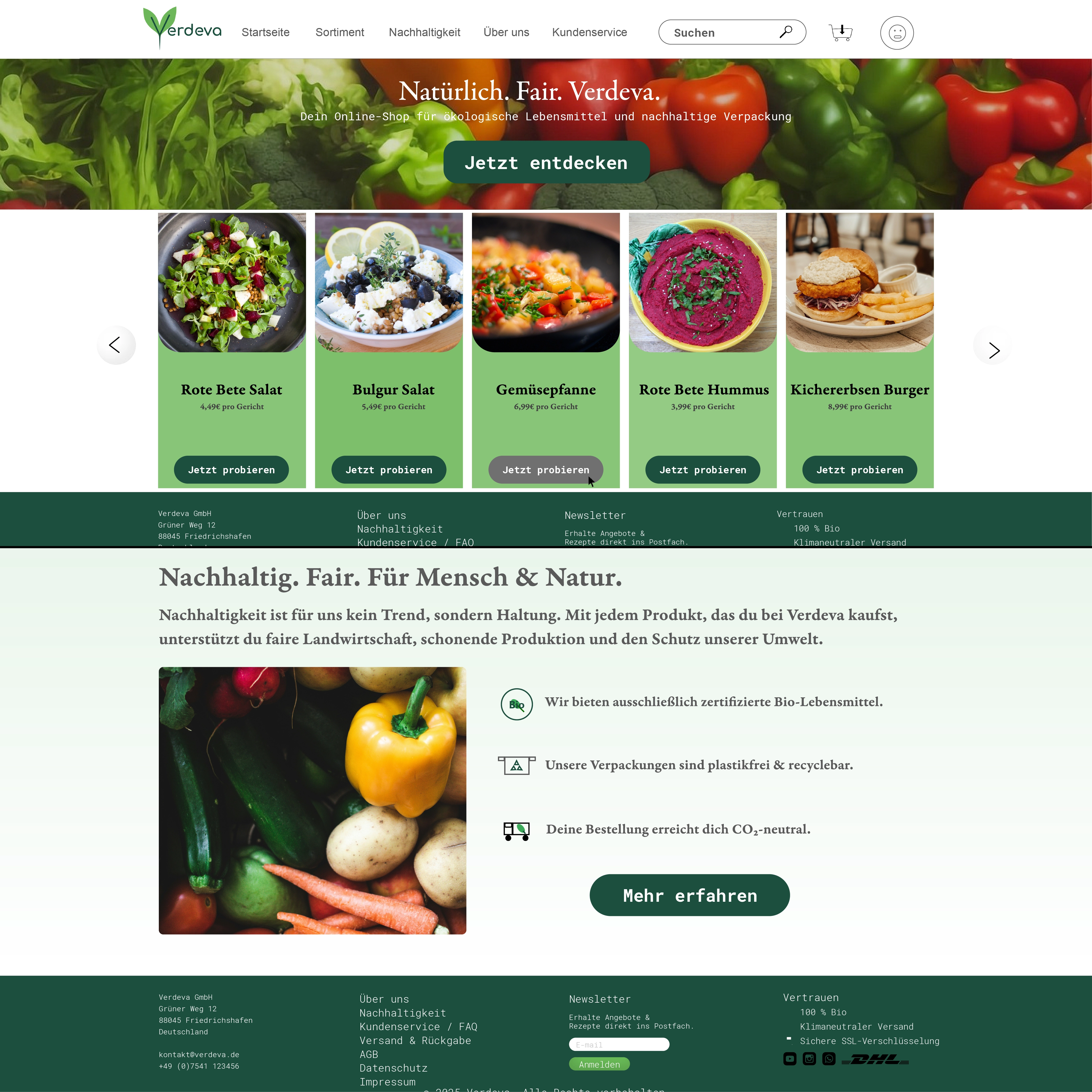 Startseite des veganen Online-Shops Verdeva im UX/UI Design